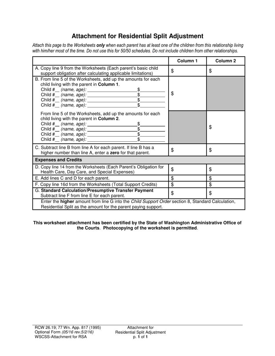 Form WSCSS Attachment for Residential Split Adjustment - Washington, Page 1