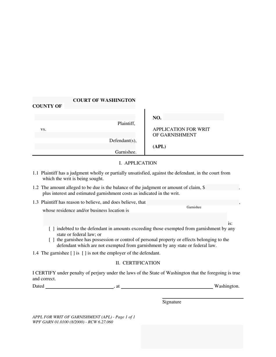 Form WPF GARN01.0100 Application for Writ of Garnishment - Washington, Page 1