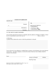 Document preview: Form WPF GARN01.0590 Release of Writ of Garnishment - Washington