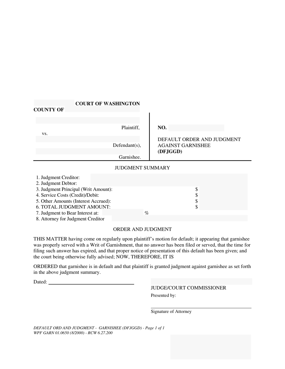 Form WPF GARN01.0650 Default Order and Judgment Against Garnishee (Dfjggd) - Washington, Page 1