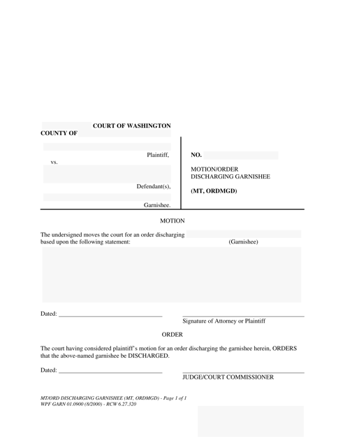 Form WPF GARN01.0900 Motion/Order Discharging Garnishee (Mt, Ordmgd) - Washington