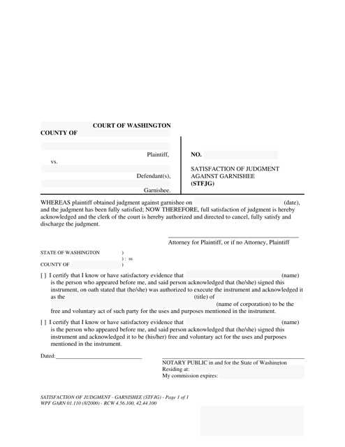 Form WPF GARN01.110 Satisfaction of Judgment Against Garnishee (Stfjg) - Washington