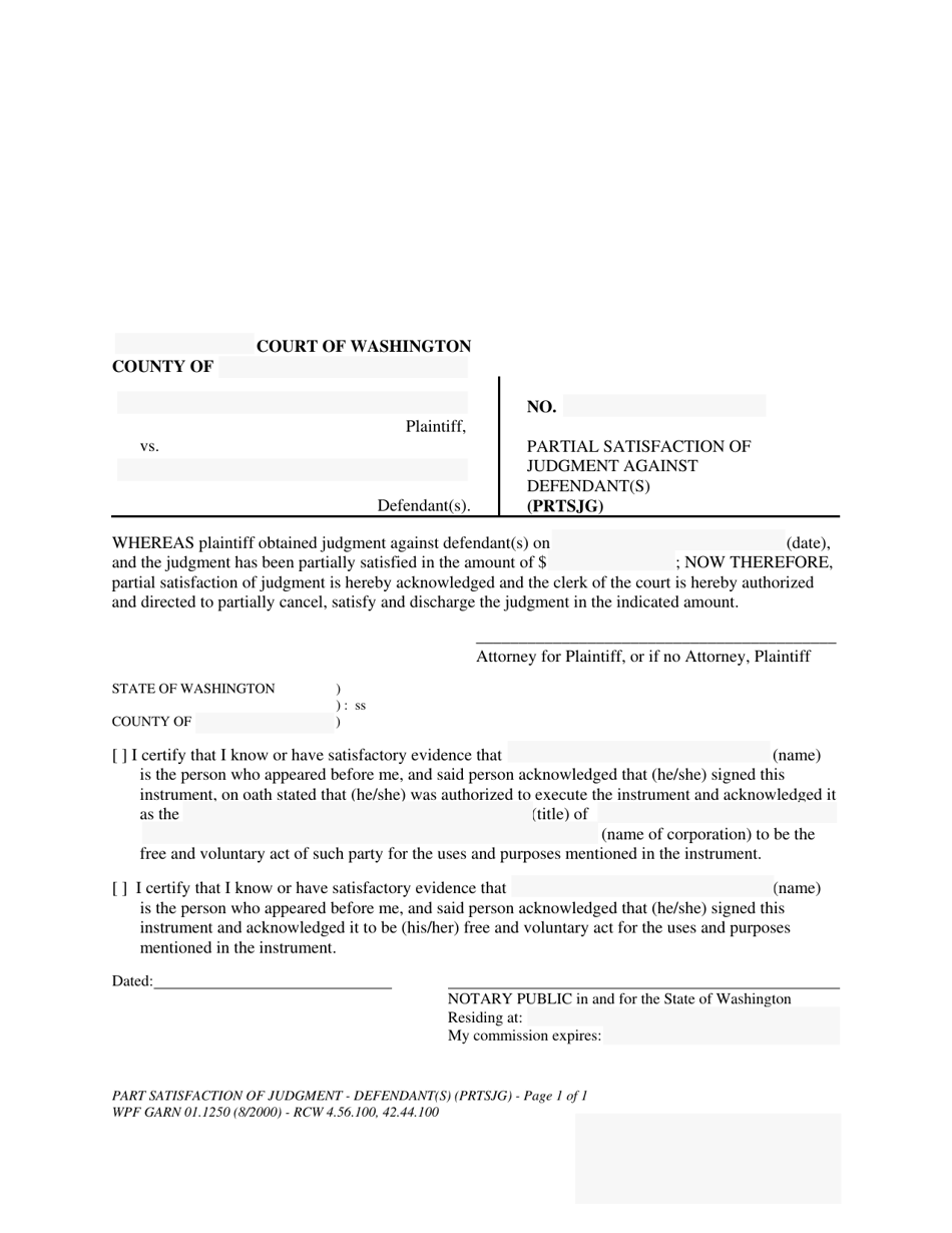 Form WPF GARN01.1250 Partial Satisfaction of Judgment Against Defendant(S) (Prtsjg) - Washington, Page 1