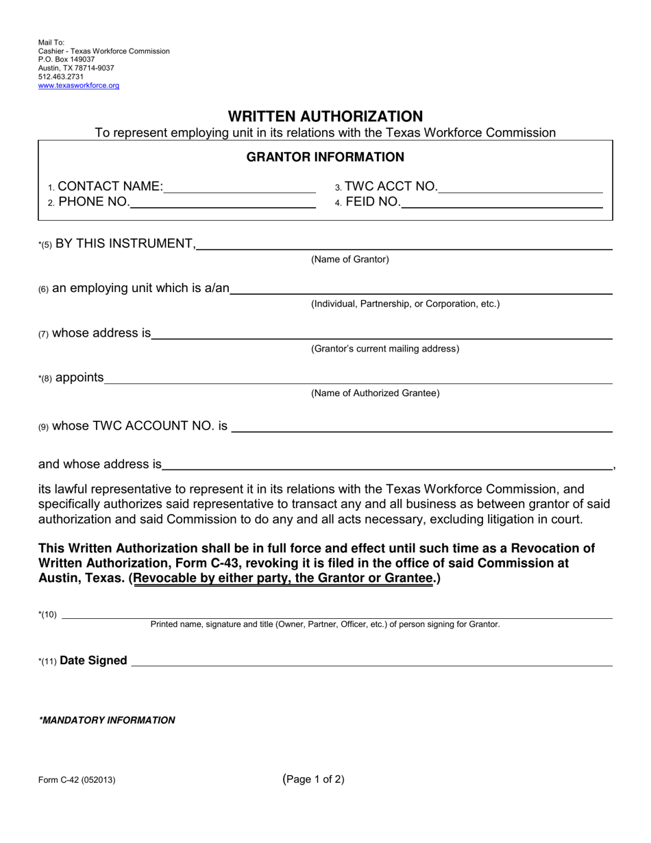 Form C-42 Written Authorization to Represent Employing Unit in Its Relations With the Texas Workforce Commission - Texas, Page 1
