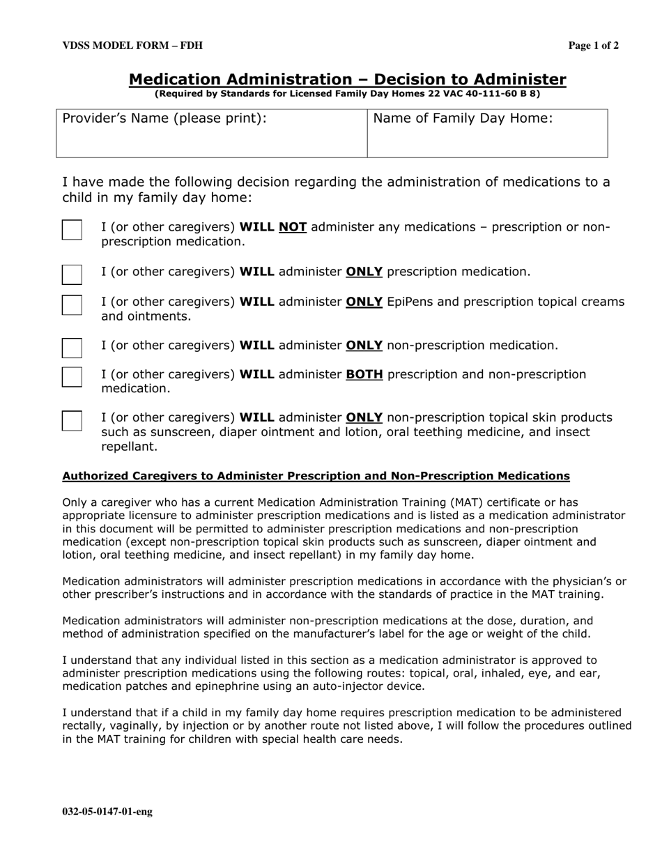 Form 032-05-0147-01-ENG Medication Administration - Decision to Administer - Virginia, Page 1