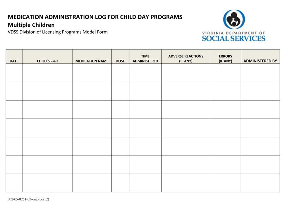 Form 032-05-0251-03-ENG Medication Administration Log for Child Day Programs - Multiple Children - Virginia, Page 1