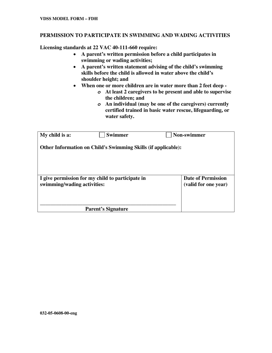 Form 032-05-0608-00-ENG Permission to Participate in Swimming and Wading Activities - Virginia, Page 1