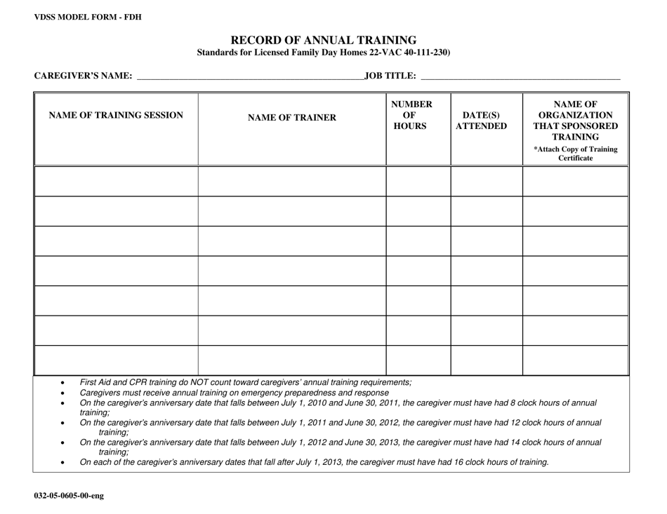 Form 032-05-0605-00-ENG Record of Annual Training - Virginia, Page 1