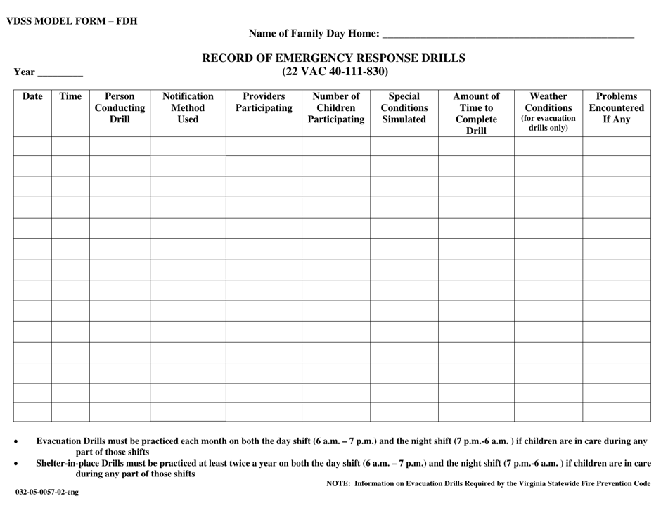 Form 032-05-0057-02-ENG Record of Emergency Response Drills - Virginia, Page 1