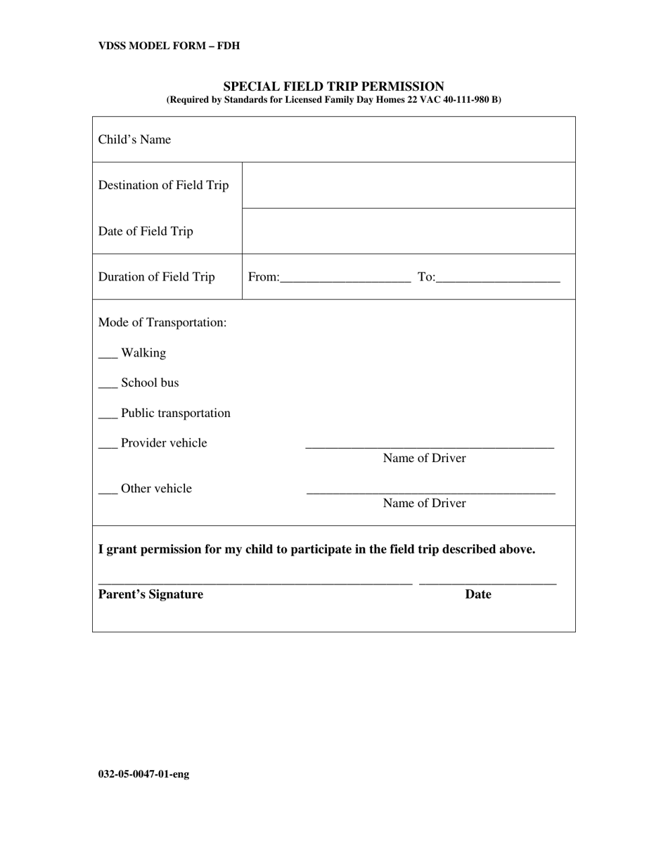 Form 032-05-0047-01-ENG Special Field Trip Permission - Virginia, Page 1