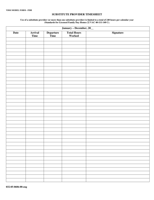 Form 032-05-0606-00-ENG Substitute Provider Timesheet - Virginia