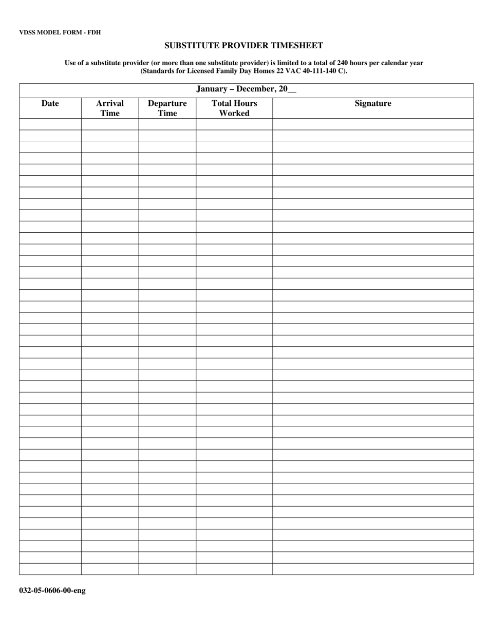 Form 032-05-0606-00-ENG Substitute Provider Timesheet - Virginia, Page 1