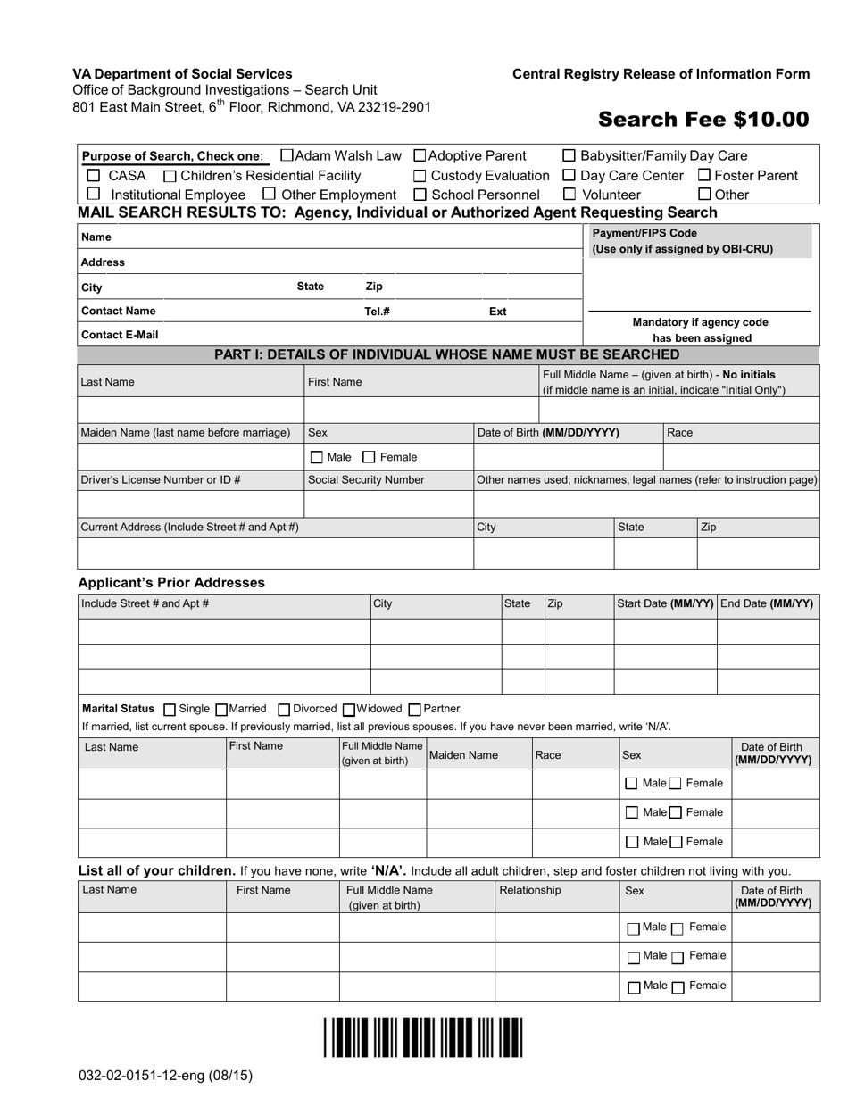 Form 032 02 0151 12 Eng Fill Out Sign Online And Download Fillable Pdf Virginia Templateroller 6266