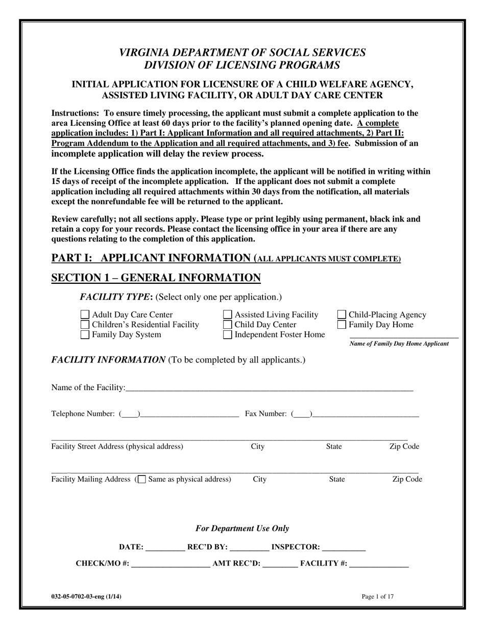 Form 032-05-0702-03-ENG Initial Application for Licensure of a Child Welfare Agency, Assisted Living Facility, or Adult Day Care Center - Virginia, Page 1