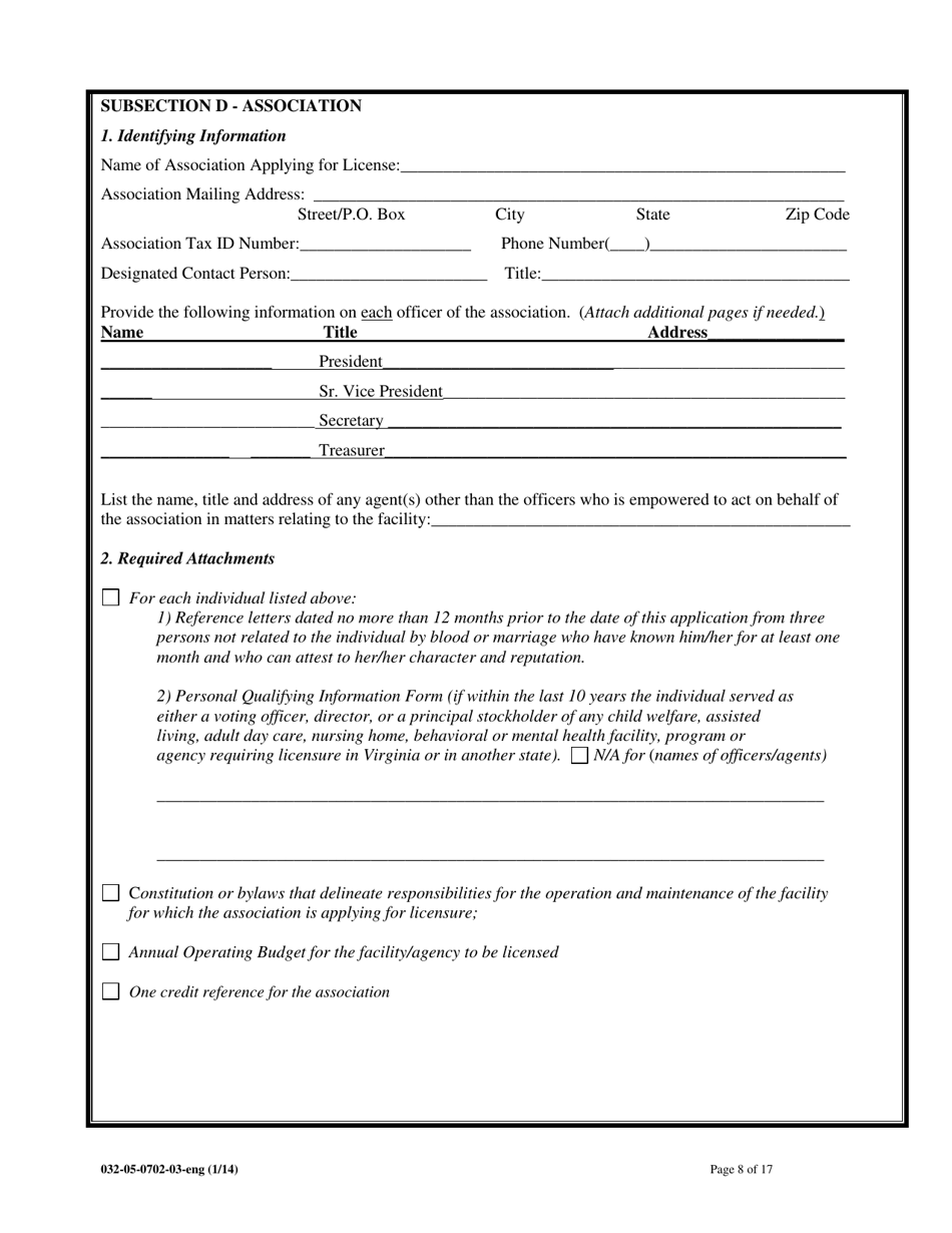 Form 032-05-0702-03-ENG Initial Application for Licensure of a Child Welfare Agency, Assisted Living Facility, or Adult Day Care Center - Virginia, Page 8