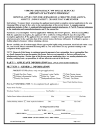 Document preview: Form 032-05-0703-03-ENG Renewal Application for Licensure of a Child Welfare Agency, Assisted Living Facility, or Adult Day Care Center - Virginia