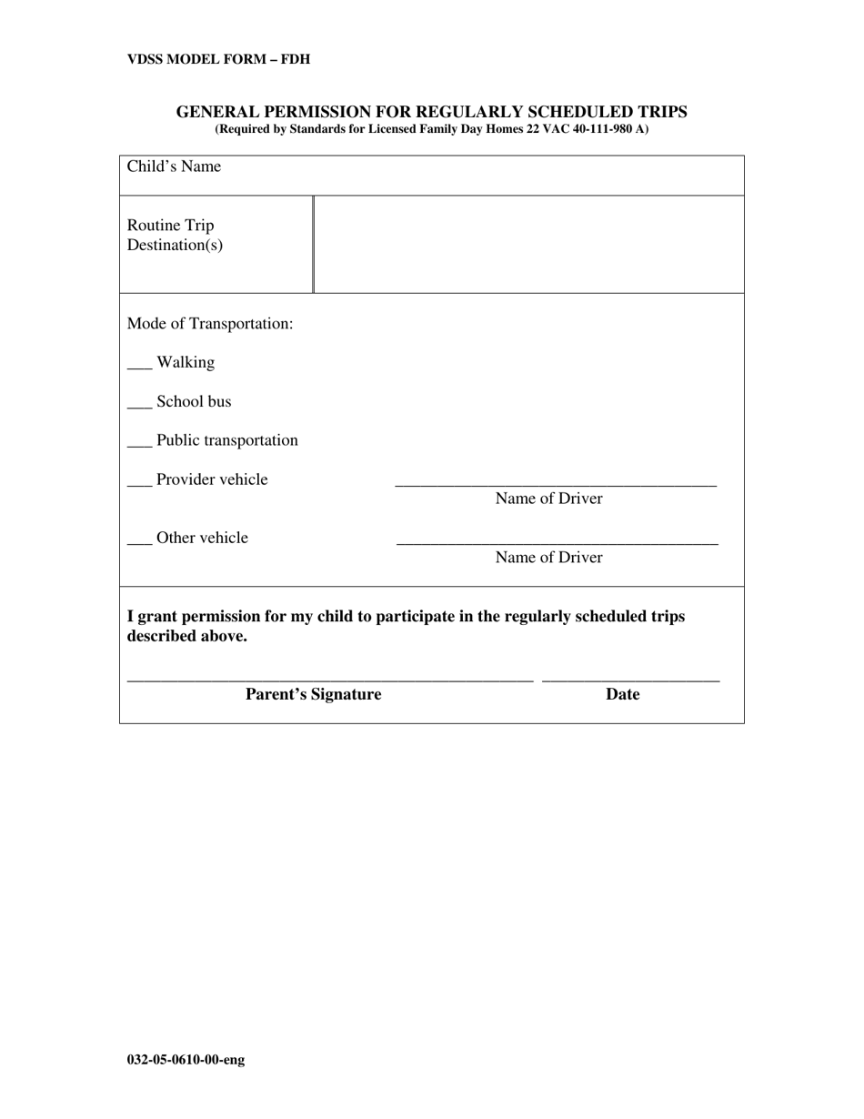 Form 032-05-0610-00-ENG General Permission for Regularly Scheduled Trips - Virginia, Page 1
