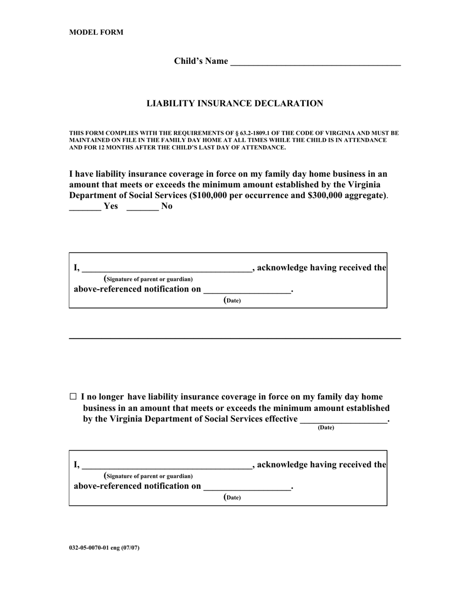 Form 032-05-0070-01 ENG Liability Insurance Declaration - Virginia, Page 1