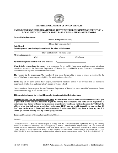 Form HS-2937 Parent/Guardian Authorization for the Tennessee Department of Education or Local Education Agency to Release School Attendance Records - Tennessee