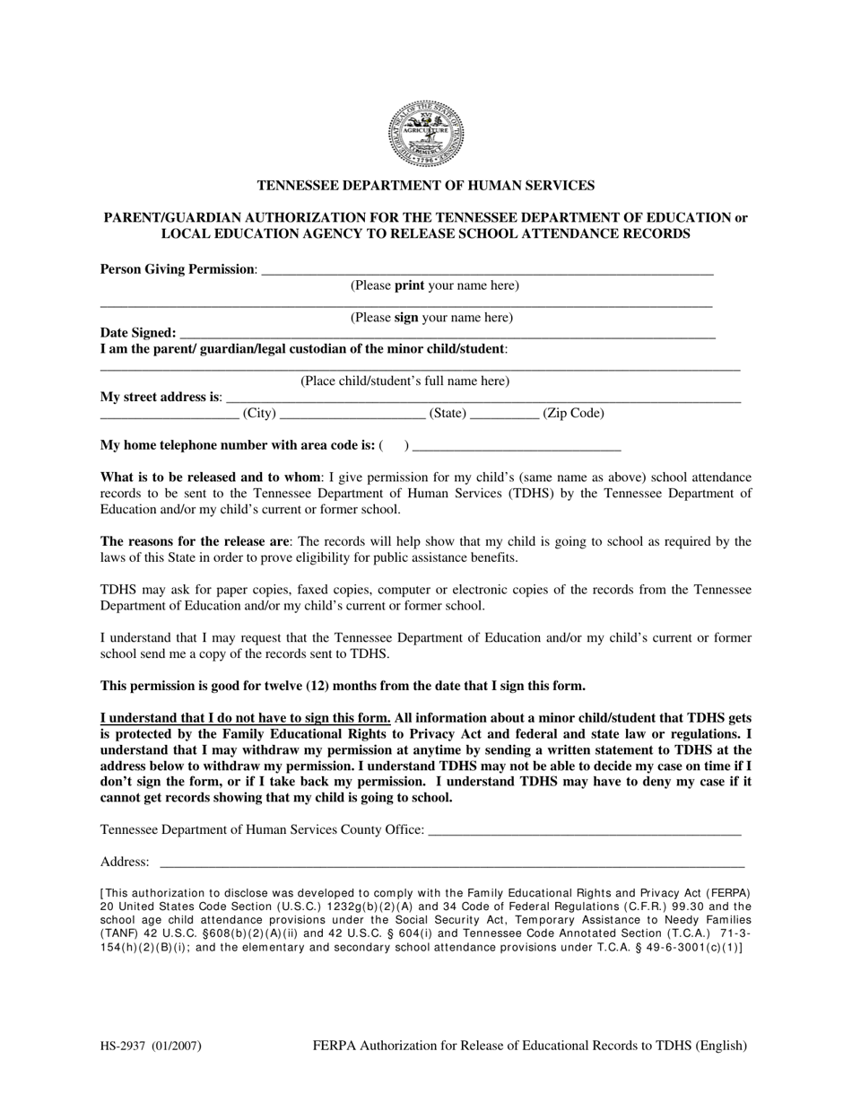 Form HS-2937 Parent/Guardian Authorization for the Tennessee Department of Education or Local Education Agency to Release School Attendance Records - Tennessee, Page 1