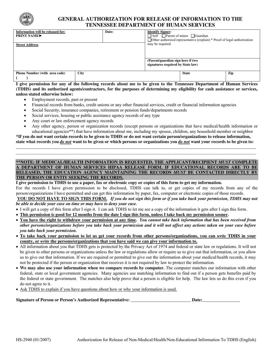 Form HS-2940 General Authorization for Release of Information to the Tennessee Department of Human Services - Tennessee, Page 1