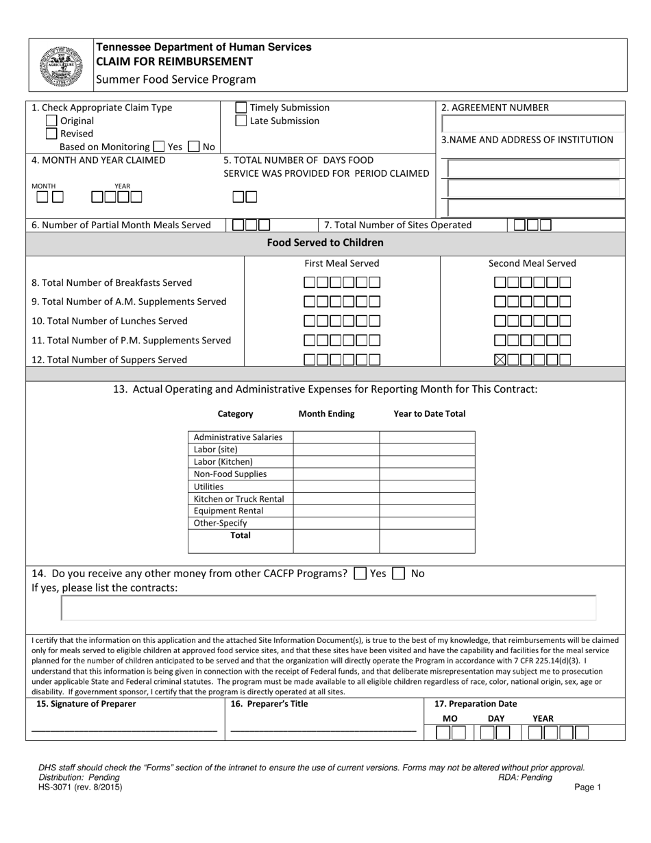 Form HS-3071 Claim for Reimbursement - Tennessee, Page 1