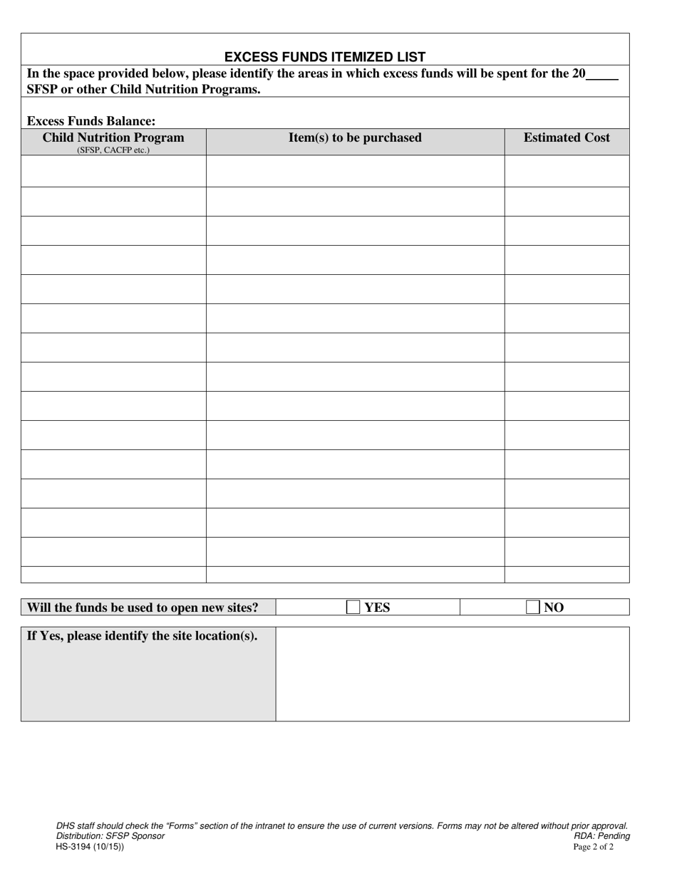 Form HS-3194 Summer Food Service Program Income Excess Funds Form - Tennessee, Page 2