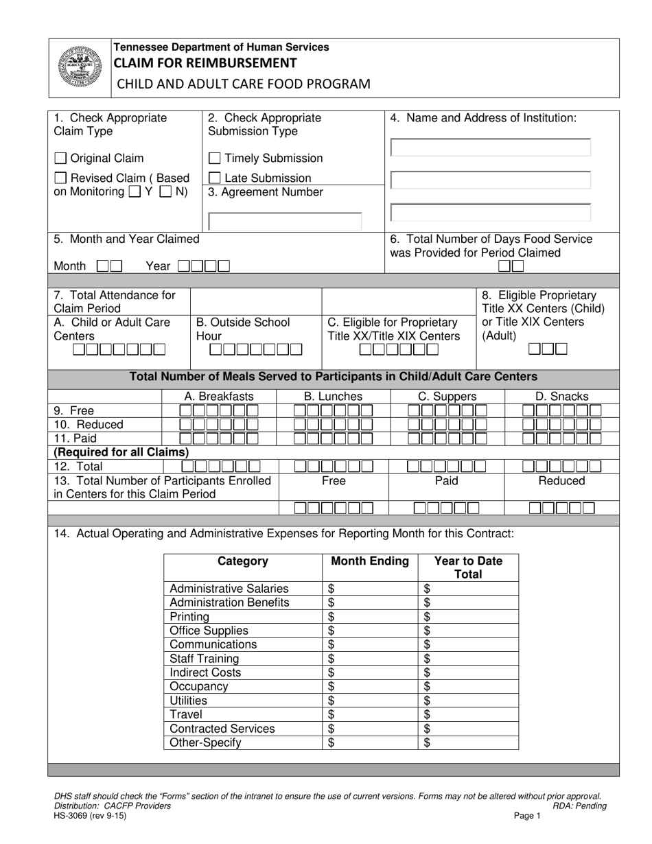 Form HS-3069 Claim for Reimbursement Child and Adult Care Food Program - Tennessee, Page 1