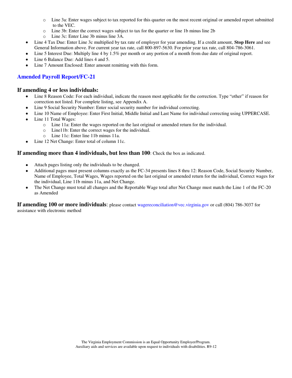 Instructions for Form VEC FC-34 Combined Amended Quarterly Tax and Wage Reports - Virginia, Page 2