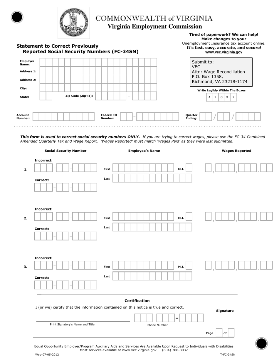 Form FC-34SN Statement to Correct Previously Reported Social Security Numbers - Virginia, Page 1