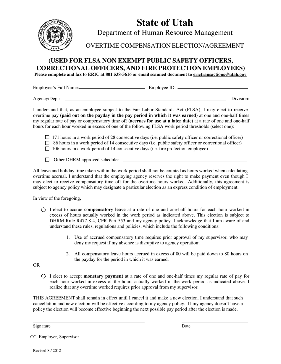 Overtime Compensation Election / Agreement Form - Utah, Page 1