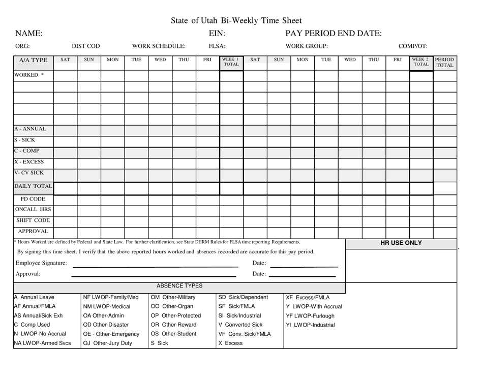 utah blank coded bi weekly time sheet download printable pdf templateroller