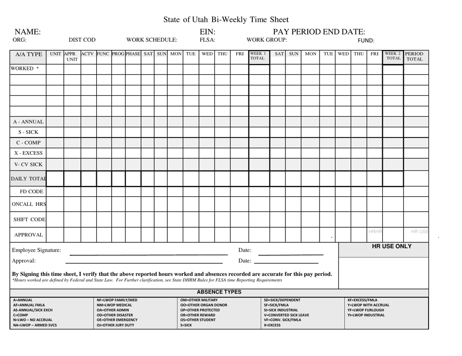 Utah BI-Weekly Time Sheet - Fill Out, Sign Online and Download PDF ...