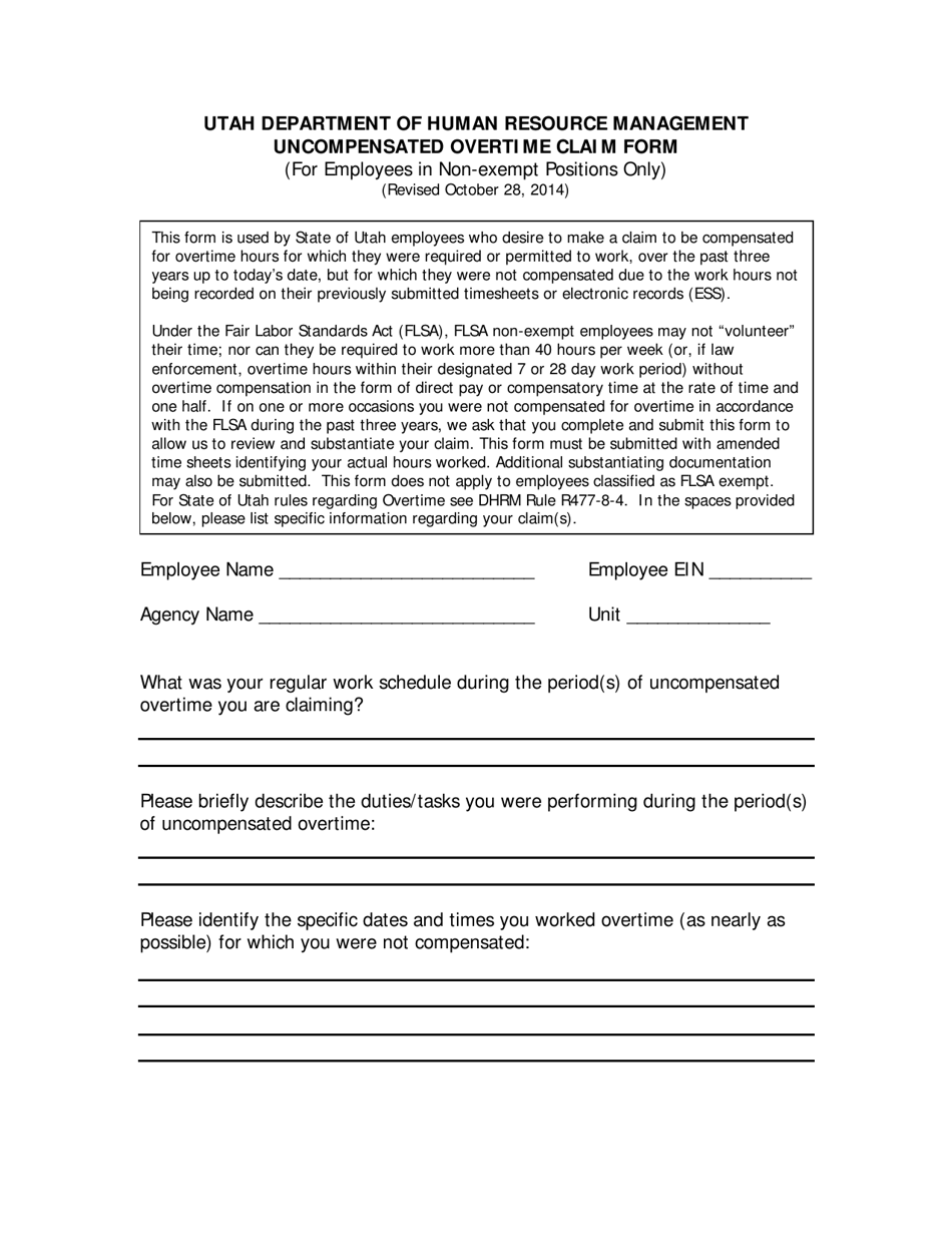 Uncompensated Overtime Claim Form - Utah, Page 1