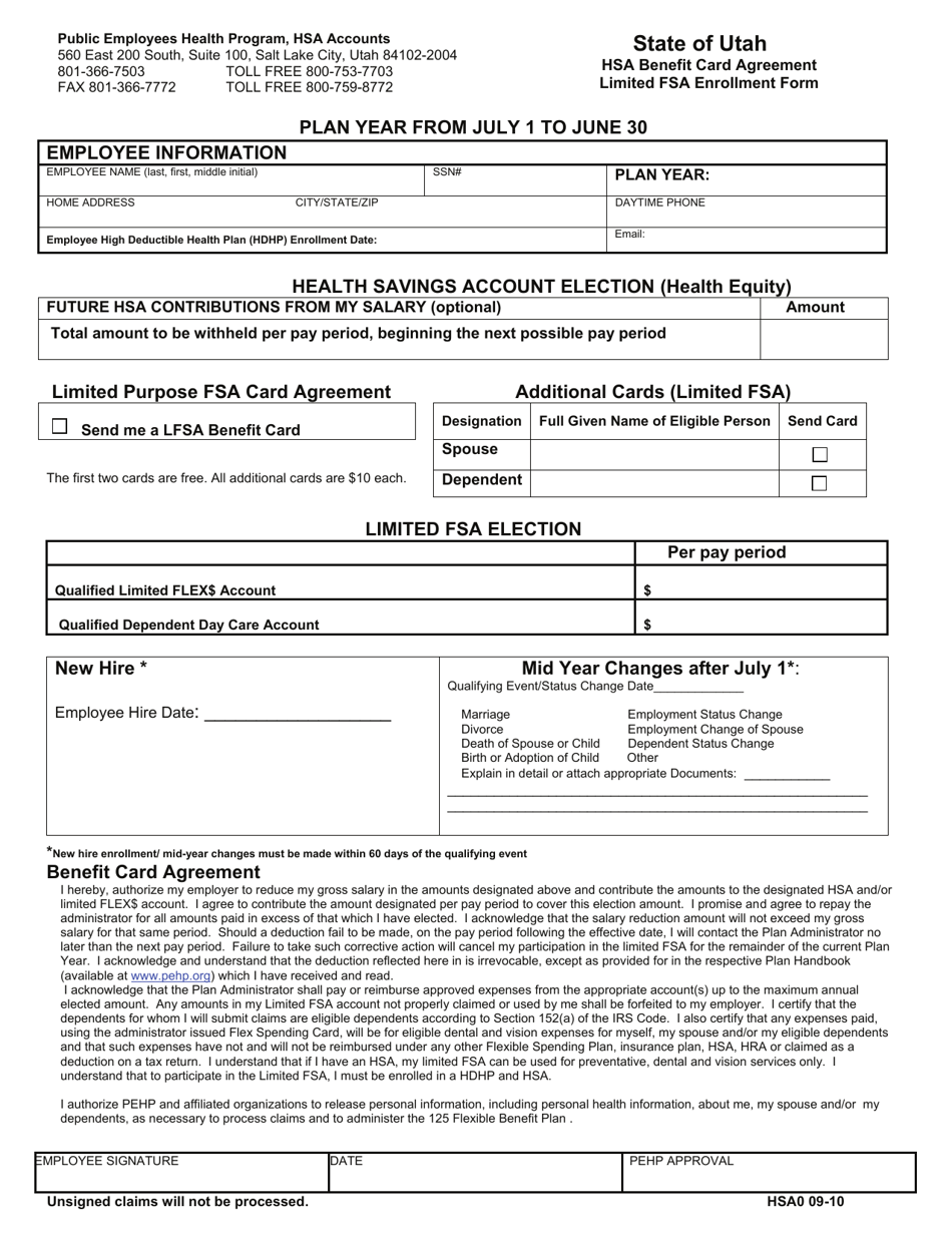 Form HSA0 Hsa Benefit Card Agreement Limited FSA Enrollment Form - Utah, Page 1