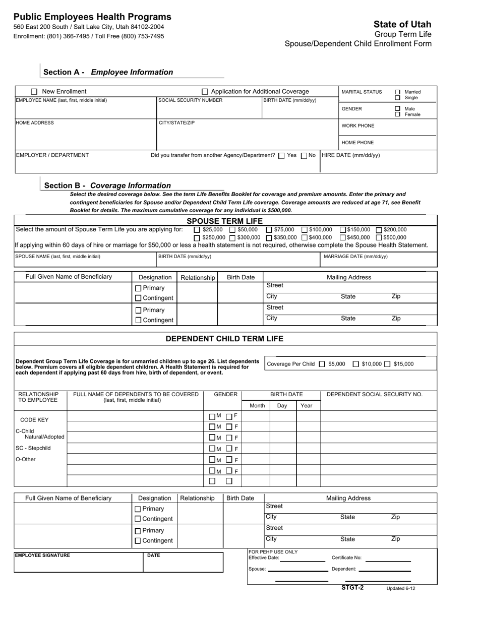 Form STGT-2 Group Term Life Spouse / Dependent Child Enrollment Form - Utah, Page 1