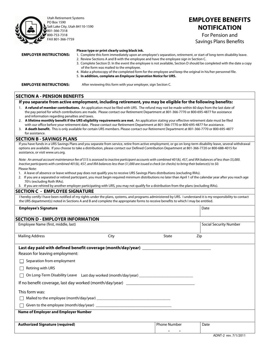 Form ADNT-2 Employee Benefits Notification - Utah, Page 1