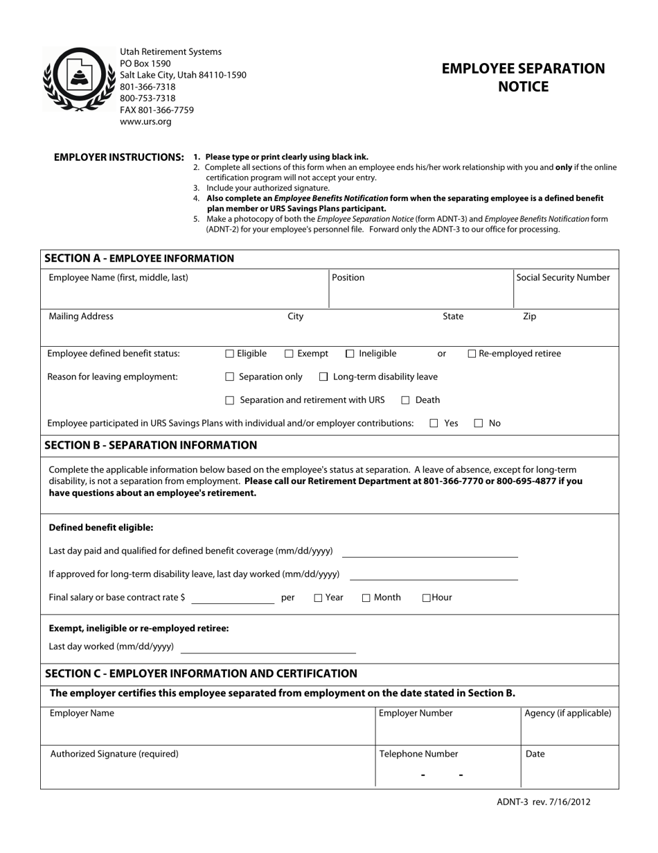 Form ADNT-3 Employee Separation Notice - Utah, Page 1