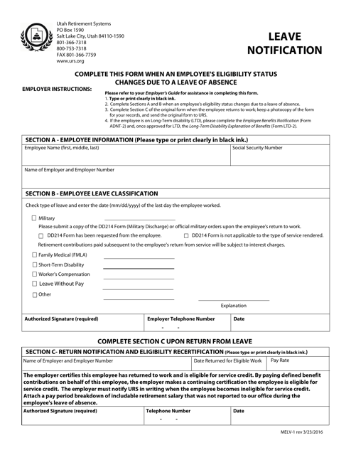 Form MELV-1 Leave Notification - Utah