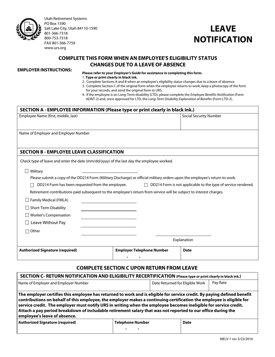 Form MELV-1 Leave Notification - Utah, Page 1