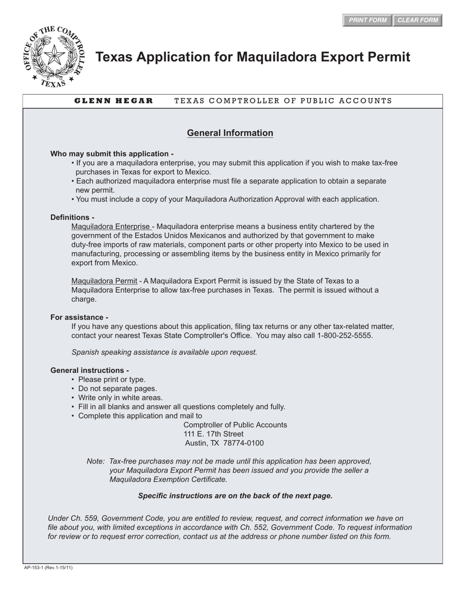 Form AP-153 Texas Application for Maquiladora Export Permit - Texas, Page 1