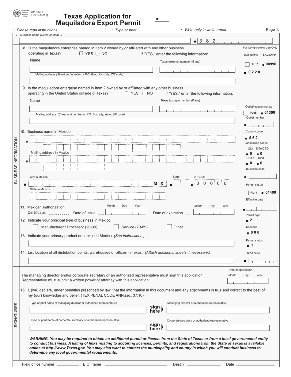 Form AP-153 Texas Application for Maquiladora Export Permit - Texas, Page 3