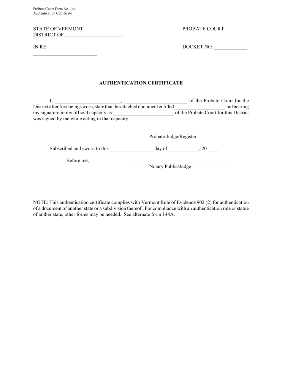 Form PC144 Authentication Certificate - Vermont, Page 1