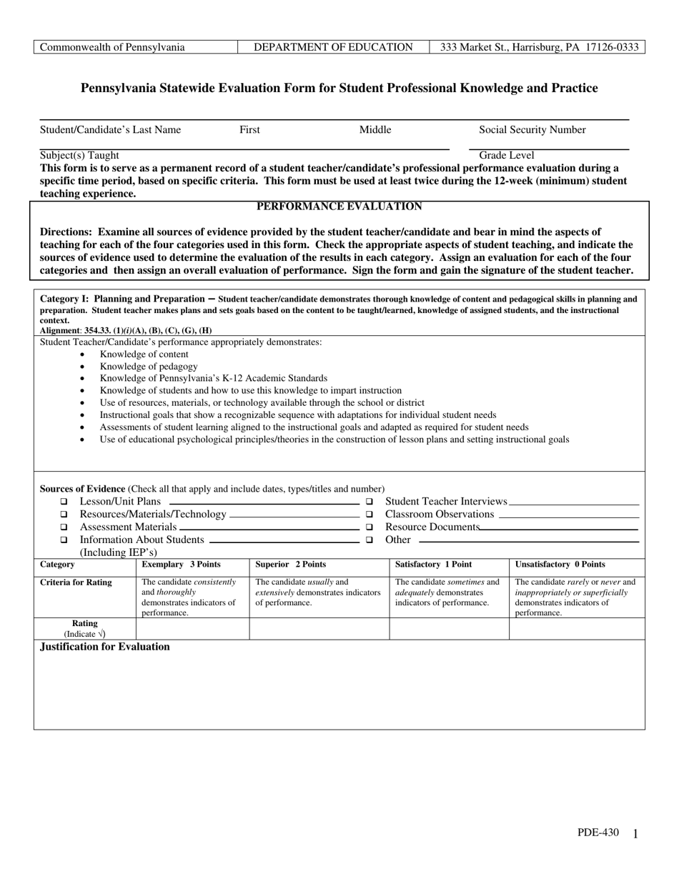 Form PDE-430 Pennsylvania Statewide Evaluation Form for Student Professional Knowledge and Practice - Pennsylvania, Page 1