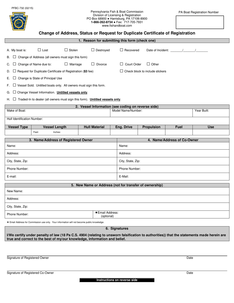 Form PFBC-732 Change of Address, Status or Request for Duplicate Certificate of Registration - Pennsylvania, Page 1