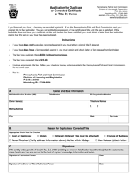 Form PFBC-T1 Application for Duplicate or Corrected Certificate of Title by Owner - Pennsylvania