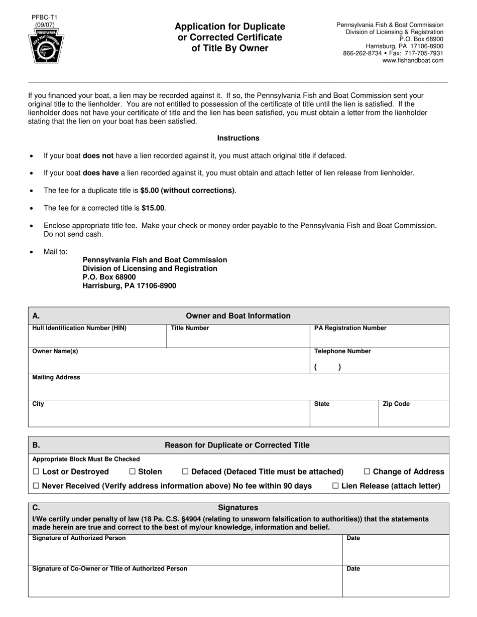 Form PFBC-T1 Application for Duplicate or Corrected Certificate of Title by Owner - Pennsylvania, Page 1