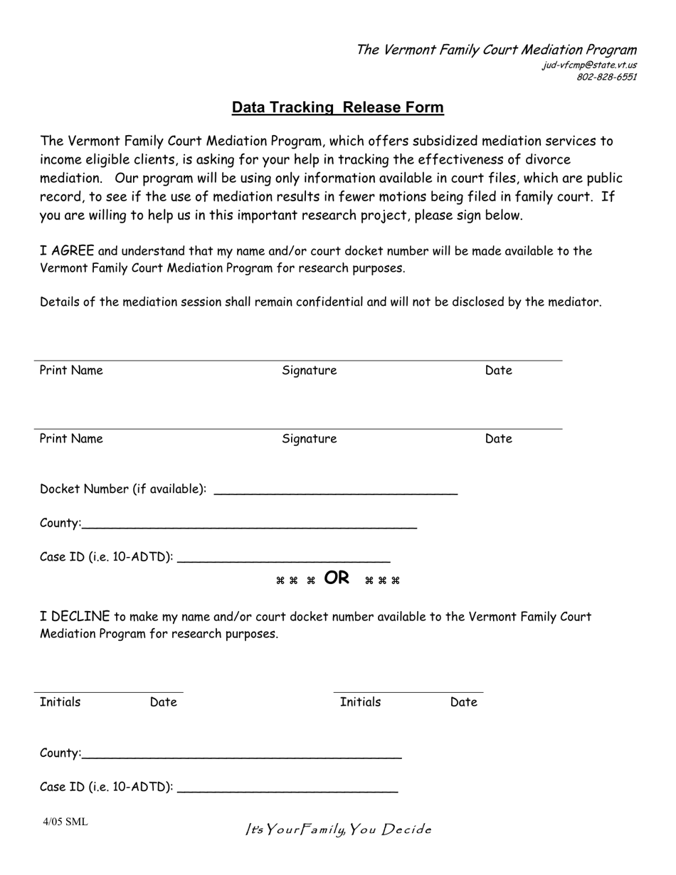 Data Tracking Release Form - Vermont, Page 1
