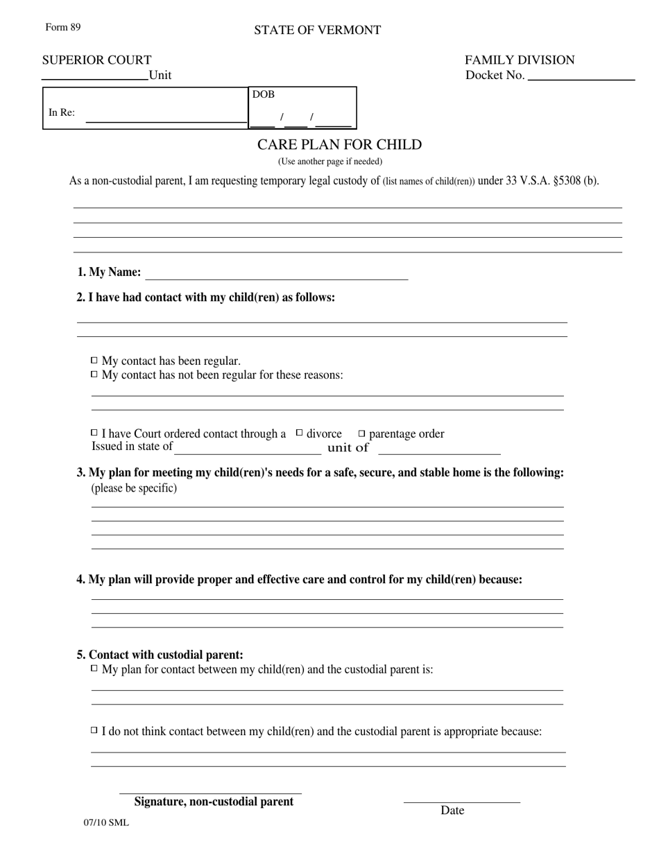 Form 89 Care Plan for Child - Vermont, Page 1