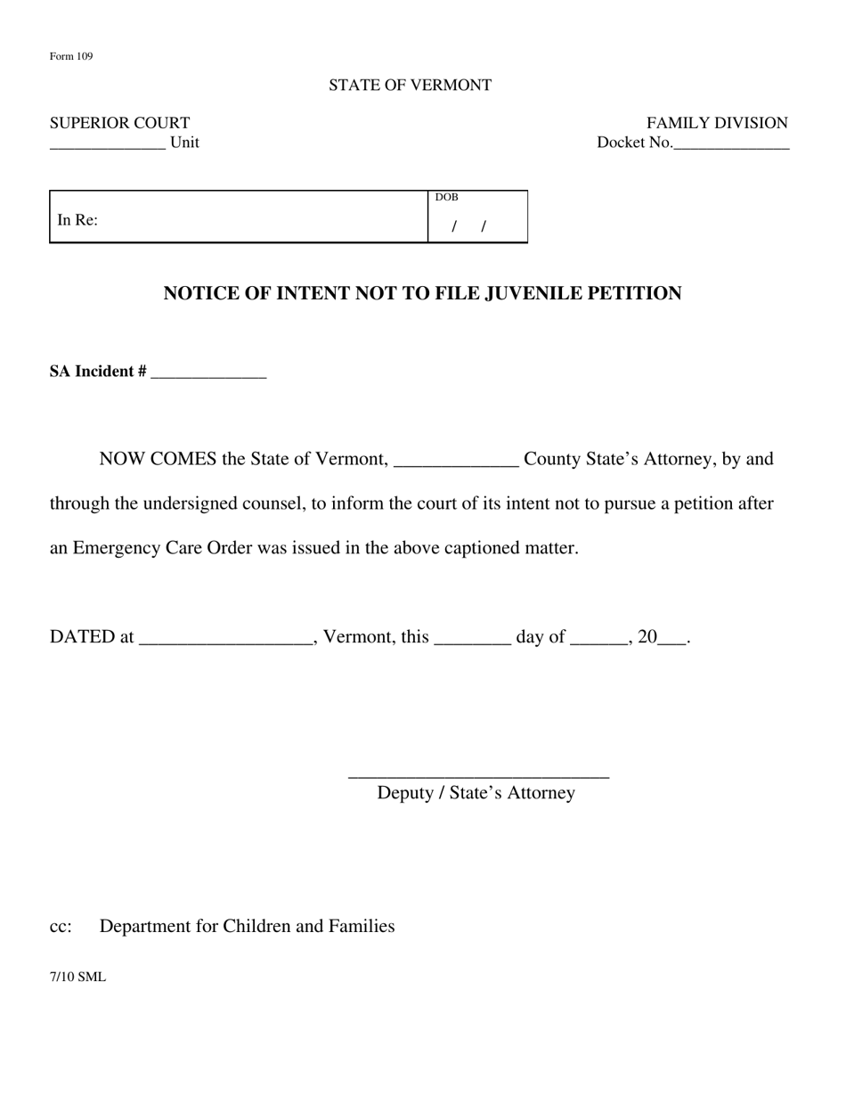 Form 109 - Fill Out, Sign Online and Download Printable PDF, Vermont ...